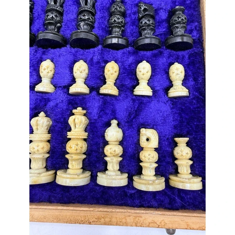 Travel Wooden Marble Chess Set Board Game Soapstone / Marble Hand Carved Pieces